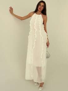 Aloruh New Elegant White Dress With Multiple Ruffled Edges, Sexy Backless Bowknot Design - White - View 7