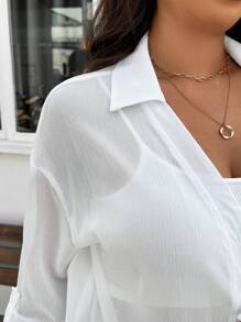 SHEIN Frenchy 大码女式白色雪纺衬衫，时尚宽松半透明休闲日常衬衫，2025 年春夏新品 - 米色 - 查看 8