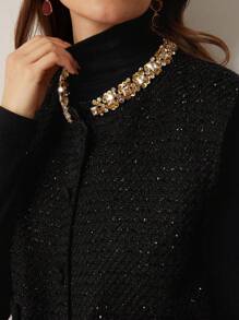 Aveloria Rosie Elegant Vintage Thickened Design Diamante & Pearl Embellished Round Neck Sleeveless Waisted Women Jacket Holiday Party Clothes    Old Money Style For Summer Spring Fall Autumn - Black - View 2