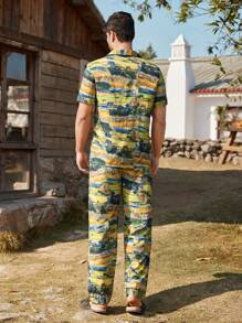 Manfinity ChillVibe Men's Landscape Printed Short Sleeve Pajama Set - Yellow - View 2