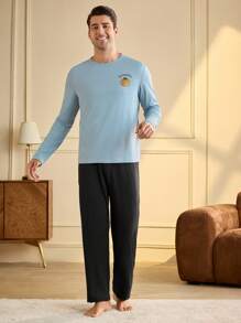 Men's Round Neck Long Sleeve Printed Simple Top And Long Pants Pajama Set - Mint Blue - View 6