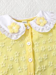 SHEIN Ramadan 2 stuks/set jonge meisjes polo kraag gebreide top met jacquard patroon & blauwe gewassen denim broek
