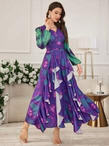 Modelyn Women's Maxi V-Neck Tie-Dye Print Ruffle Hem A-Line Dress - Multicolor - View 4