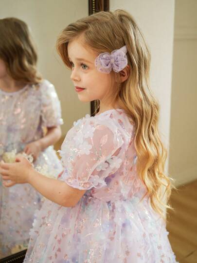 Young Girl Newly Launched Round-Neck Short-Sleeved Three-Dimensional Butterfly Net Yarn Cinched-Waist Dress For Formal Occasions. It's Comfortable, Fashionable, Elegant, Sweet, Lovely, Like A Princess Dress