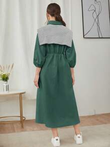 Mulvari Women's Plain Color Splicing Long Sleeve Casual Long Dress