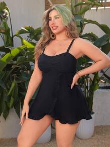 Swim Lushoire Plus Size Ruffle Trim Adjustable Strap Tankini Swimwear, For Summer Beach Vacation - Black - View 5