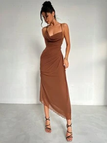 Firerie 女士优雅浪漫时尚通勤性感优雅风格连衣裙，适合派对、度假、返校、浪漫约会和婚礼生日、派对礼服、深 V 领露背系带褶皱连衣裙 - 咖啡棕 - 查看 6