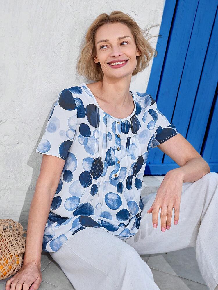 Women's Geometric Print Round Neck Short Sleeve Button Design Shirt