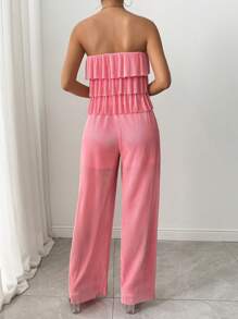 SHEIN Clasi 2pcs/Set Women Solid Color Multi-Layer Ruffle Camisole Top And Pants - Pink - View 2