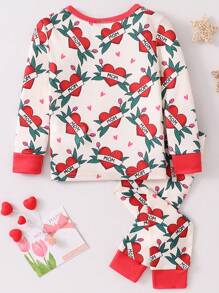 2pcs/Set Newborn Baby Girls Heart Print Long Sleeve Bodysuit & Long Pants Lounge Wear Set - Red - View 2