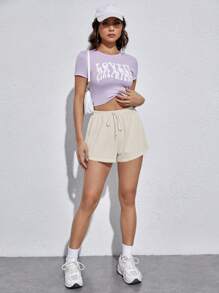 SHEIN EZwear 杏色针织女士休闲宽松腰系带短裤 - 杏色 - 查看 3