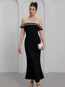 Chiquease Elegant High-End Formal Party Long Dress With Beaded Off Shoulder Collar Design, Slim Fit Enhances Figure   Old Money Style For Summer Spring Fall Autumn - Black - View 1