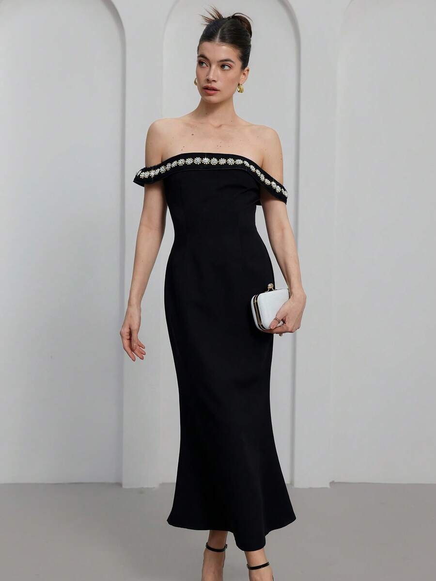 Chiquease Elegant High-End Formal Party Long Dress With Beaded Off Shoulder Collar Design, Slim Fit Enhances Figure   Old Money Style For Summer Spring Fall Autumn - Black - View 1
