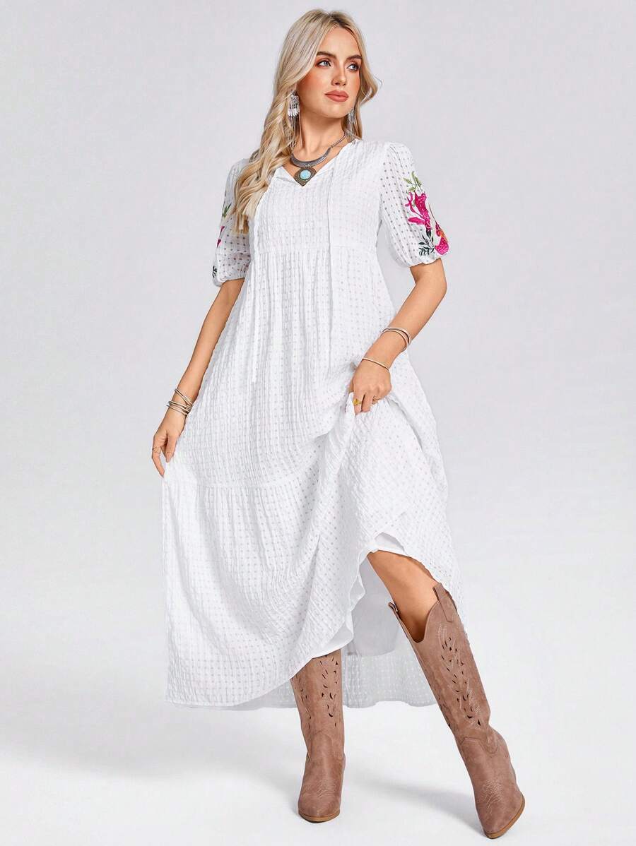 SHEIN Wildara 夏季美式乡村风休闲长裙，适合度假、约会、婚礼季节 - 白色 - 查看 1