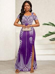 SHEIN Lady Holiday Dresses Wedding Festival Slit Long Dress For Women - Purple - View 5
