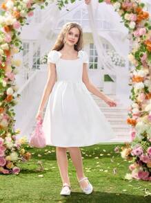 SHEIN Robe bouffante à bretelles en forme de nœud élégante et princière pour jeunes filles, convient pour les fêtes, les rassemblements familiaux, les vacances, la saison des mariages, le printemps/l'été - Blanc - Voir 5