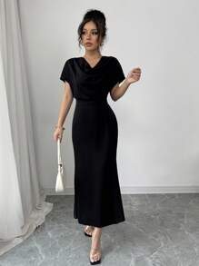 RosyDaze Đầm đuôi cá trễ vai màu trơn thanh lịch & lãng mạn, cổ xếp nếp, thắt eo cho nữ, đầu mùa xuân - màu đen - Xem 4