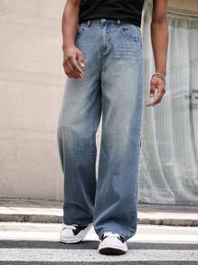 SHEIN 青少年男孩休闲时尚柔软舒适混合酷炫休闲基础蓝色宽松男孩牛仔裤适合日常穿着和返校男孩服装 - 藍色 - 查看 8