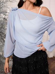 Modelyn Flowy Open Shoulder Chiffon Blouse, Minimalist Design For Women - Blue - View 5