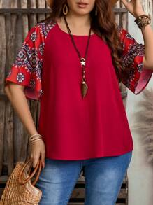 EMERY ROSE Plus Size Solid Color Block Round Neck Short Sleeve Casual Blouse, Boho For Women, Summer, Western Wear Women, Vacation Woman, Spring - Red - View 4