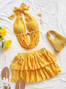 Soleia Women's V-Neck Hollow Out Halter Backless Camisole & Mini Skirt 2 Pieces Set, Knitted Texture, Suitable For Holiday, Date, Afternoon Tea, Vacation, Music Festival, Bohemian Style, Spring/Summer - Yellow - View 6