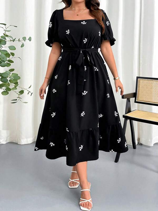 SHEIN Clasi Women Plus Size Summer Floral Print Square Neck Elastic Waist Puff Sleeve Dress