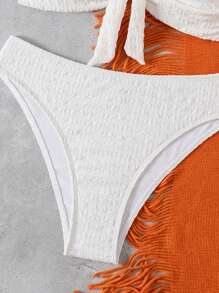 Swim Mod Women's Special Fabric Cap Sleeve Top & High-Waist Bottom Bikini Swimwear Set, For Summer Beach Vacation - White - View 5