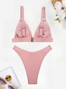 SHEIN Swim Springbreak 简约时尚 2 件套泳衣比基尼套装，休闲日常穿着，适合夏季海滩度假 - 粉色 - 查看 2