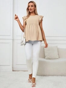 SHEIN Top suelto para embarazadas de manga larga con cuello en V y volantes, de estilo casual de ciudad para el verano - Albaricoque - Ver 3