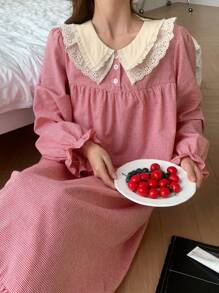 DAZY Jolie chemise de nuit à manches volantées à carreaux avec volants - Rouge - Voir 8