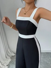 Elenzga 女式双色无袖阔腿休闲连身裤 - 黑與白 - 查看 4