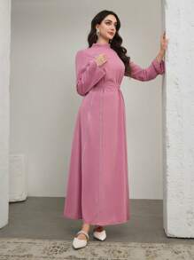 Graceveil Elegant Lace Trim Stand Collar Arabic Style Dress