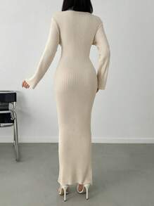 SHEIN PETITE Women's Petite Solid Color High Neck Sweater Dress - Beige - View 2