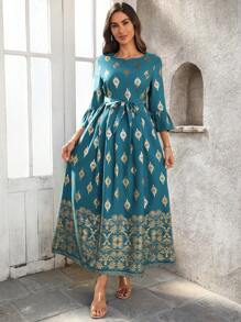 EMERY ROSE Women's Round Neck Printed Pleated Simple Casual Long Dress - Multicolor - View 4