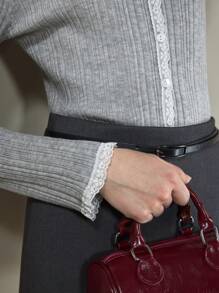 Muvela Women Gray Color Block White Lace Edge Single Breasted Fitted Knit Top, Spring Long Sleeve Top Valentines Sweater Spring Tops - Grey - View 3