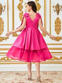 SHEIN 少女无袖褶皱双层大蝴蝶结装饰雪纺纯色伴娘礼服，淡紫色 - 玫紅色 - 查看 2