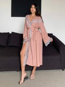 DAZY Romantic Sequins Decorated Lace-Panel Satin Robe Pajama - Pink - View 4