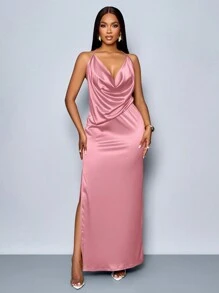 SOLERSUN Vestido ajustado elegante de satén con cuello drapeado, espalda descubierta y abertura alta, en unicolor, adecuado para fiesta de Navidad, vacaciones y citas, ideal para el Día de San Valentín