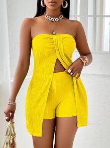 SOLERSUN 纯色扭纹前开叉绿色露肩上衣和短裤套装，采用纹理面料设计，适合居家休闲、海边度假、海滩旅行 - 黃色 - 查看 6