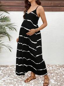 Boho Mama Maternity Striped Long Casual Sleeveless Dress - Black - View 3