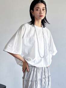 FRIFUL Women's Solid Color Casual Round Neck Loose Batwing Sleeve Blouse