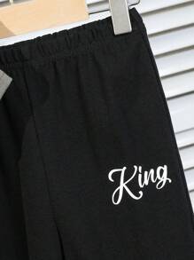 SHEIN 2 件装婴儿男童/女童夏季时尚可爱字母印花短袖上衣和松紧腰裤套装，适合春夏日常穿着、上学、旅行和运动 - 綠色 - 查看 7
