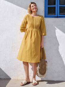 EMERY ROSE Vestido de manga larga con cuello redondo de largo hasta el tobillo casual para mujer, con un diseño frontal artesanal, adecuado para primavera y verano, ajuste suelto