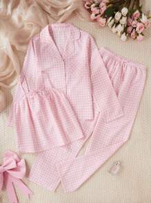 3pcs/Set Teenage Girls Casual Comfortable Pink&White Plaid Camisole Top And Pants Long Sleeve Pajama Set Spring Summer Clothes Girls Cute Sets Girls Outfit Sets Young Girls Sets Pj Sets For Girls Girl Clothes Sets Eid Mubarak