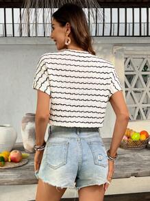 SHEIN VCAY Camiseta de mujer corta holgada de mangas cortas y cuello redondo a rayas negras y blancas de punto