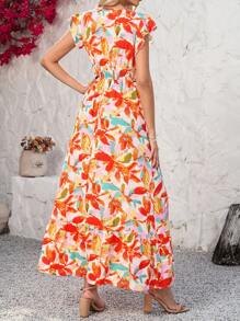 SHEIN Clasi Orange Floral Print Cap Sleeve Women's Dress,Summer, Vacation Outfits Woman,Summer Outfits For Women,Beach Outfits For Woman - Orange - View 4