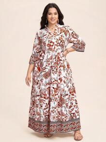 SHEIN LUNE Notched V-Neck Printed Long Dress Ramadan Summer/Spring Clothes - Multicolor - View 5
