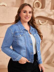 EMERY ROSE Plus Size Women Single-Breasted Casual Denim Jacket, Long Sleeve Elegant Jacket - Medium Wash - View 4