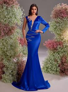 Glamrae 优雅华丽蓝色弹力缎面异形胸前贴片水钻链条不对称肩长袖紧身鱼尾支撑婚礼宾客礼服，适合晚宴单身派对约会度假节日返校季婚礼活动晚礼服，正式礼服