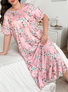 Floral Print Plus Size Women Round Neck Short Sleeve Long Nightgown, Moo Moo - Pink - View 5